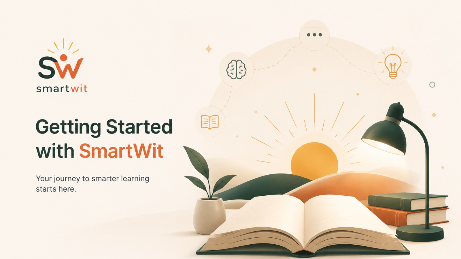 Getting Started with SmartWit — an open book beneath a desk lamp, a rising sun, and icons for reading, thinking and ideas